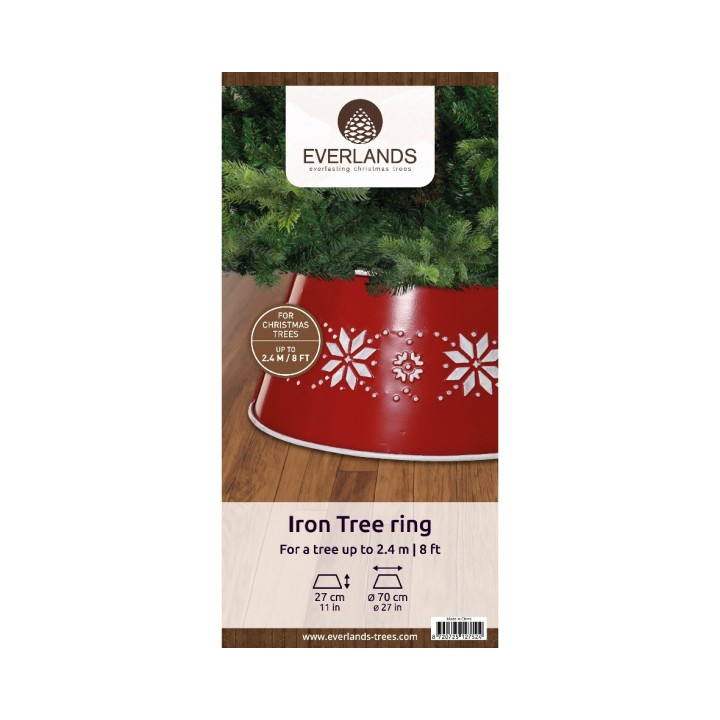 Bandeau rouge en métal avec motifs blancs, pour soutenir un sapin de Noël.
