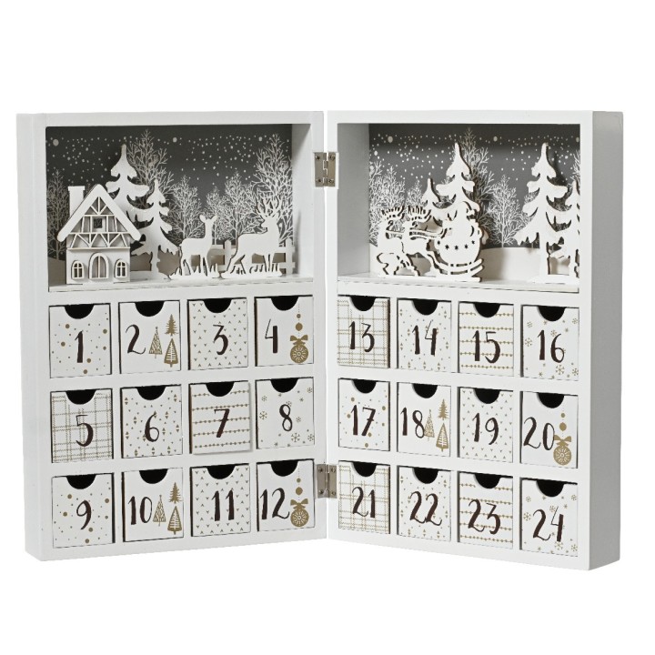 Calendrier de l'Avent en bois blanc, décoré de motifs festifs et de petits tiroirs numérotés.
