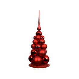 Arbre de Noël rouge brillant, orné de boules sphériques et d'une pointe élégante.