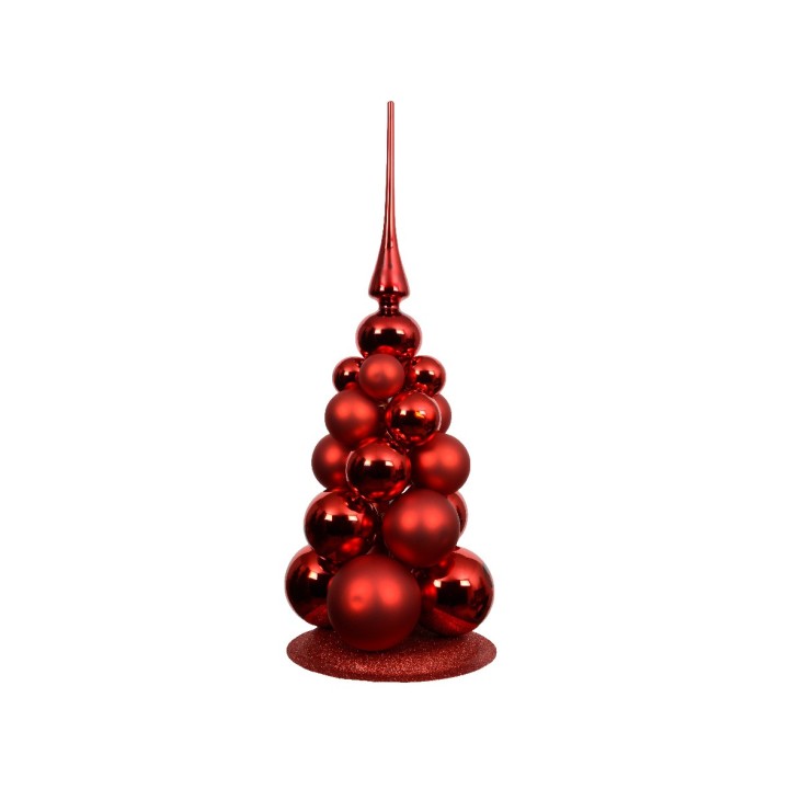 Arbre de Noël rouge brillant, orné de boules sphériques et d'une pointe élégante.