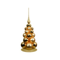 Sculpture dorée en forme de sapin, ornée de boules brillantes et d'une étoile en pointe.