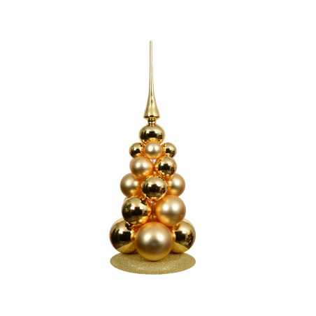 Sculpture dorée en forme de sapin, ornée de boules brillantes et d'une étoile en pointe.