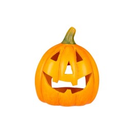 Citrouille sculptée, orange vif, avec un visage souriant et une tige verte.