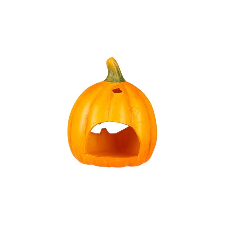 Citrouille en plastique orange avec une ouverture, décorative pour Halloween.