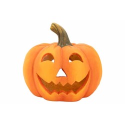 Citrouille souriante, orange vif, avec des yeux en forme de cœur et un sourire denté.
