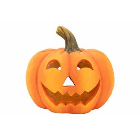 Citrouille souriante, orange vif, avec des yeux en forme de cœur et un sourire denté.