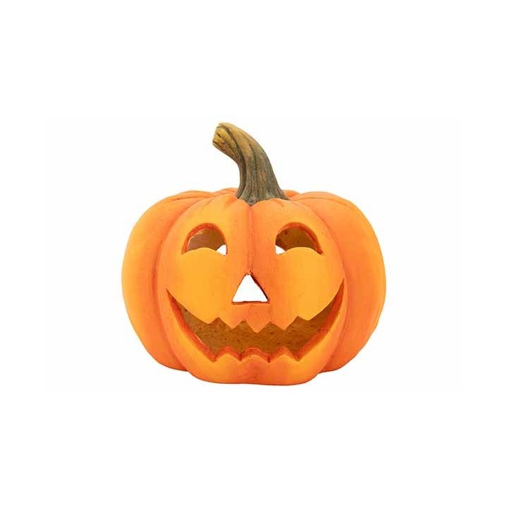 Citrouille souriante, orange vif, avec des yeux en forme de cœur et un sourire denté.