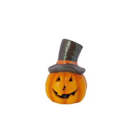 Citrouille souriante avec chapeau haut de forme, couleurs vives et expression joyeuse.
