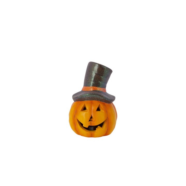 Citrouille souriante avec chapeau haut de forme, couleurs vives et expression joyeuse.