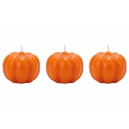 Trois bougies en forme de citrouille, couleur orange vif, avec des détails en relief.