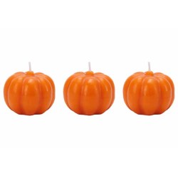 Trois bougies en forme de citrouille, couleur orange vif, avec des détails en relief.