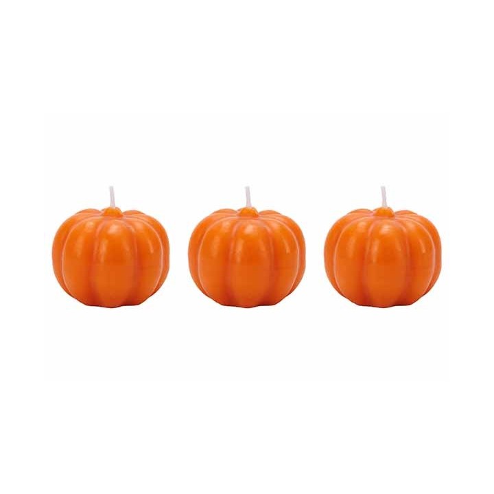Trois bougies en forme de citrouille, couleur orange vif, avec des détails en relief.