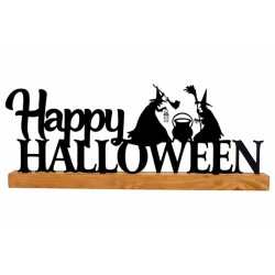Décor en bois avec inscription "Happy Halloween" en métal noir, évoquant des sorcières.