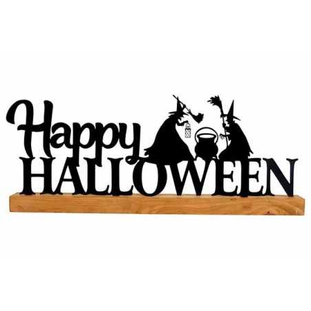 Décor en bois avec inscription "Happy Halloween" en métal noir, évoquant des sorcières.