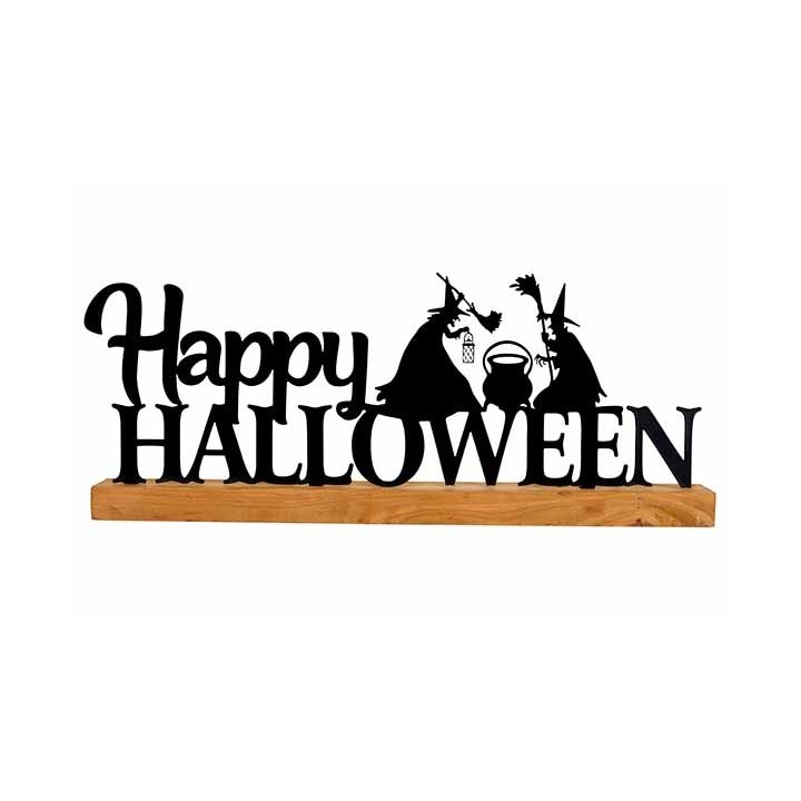 Décor en bois avec inscription "Happy Halloween" en métal noir, évoquant des sorcières.
