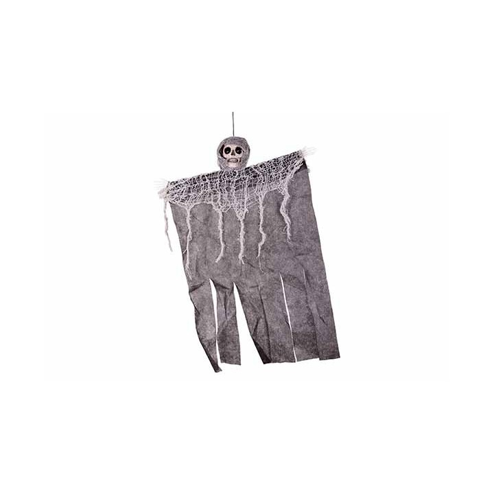 Fantôme suspendu en tissu gris avec tête de squelette et détails en toile d'araignée.