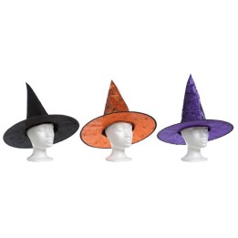 Trois chapeaux de sorcière : noir, orange et violet, avec de larges bords et des pointes.