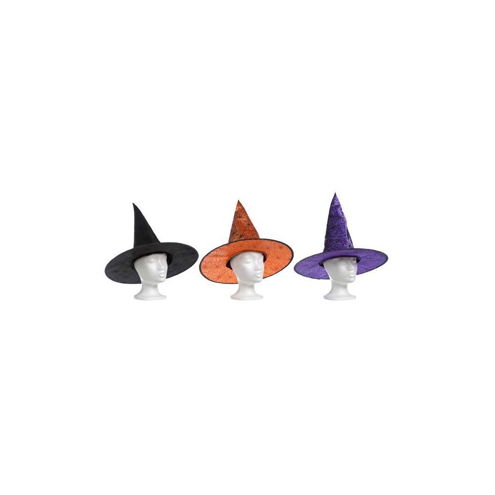 Trois chapeaux de sorcière : noir, orange et violet, avec de larges bords et des pointes.