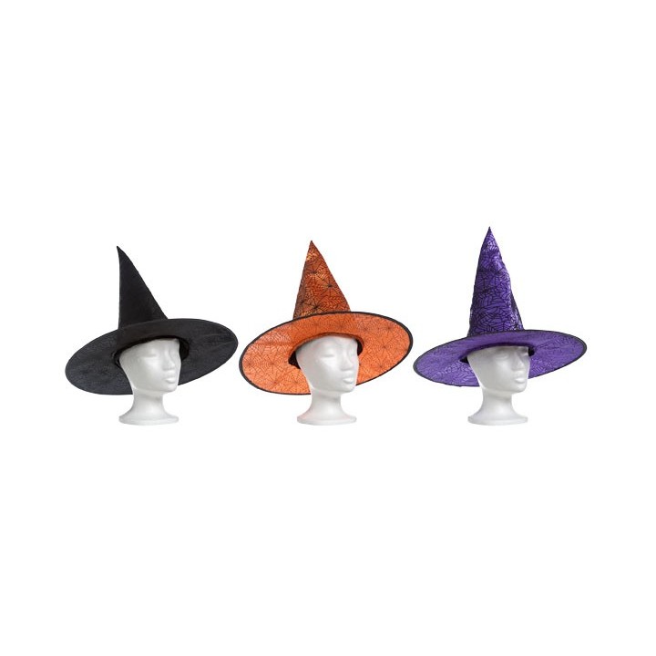 Trois chapeaux de sorcière : noir, orange et violet, avec de larges bords et des pointes.