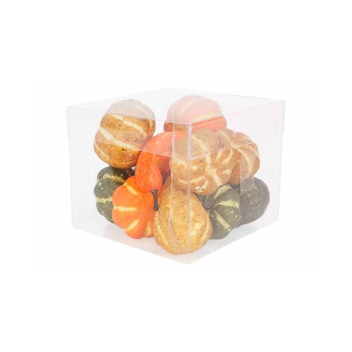 Cagette transparente remplie de courges colorées, aux formes variées et textures rustiques.