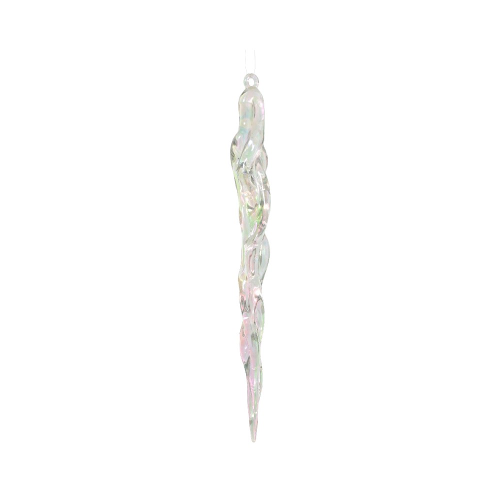 Suspension en verre irisé, longue et élégante, évoquant une goutte glacée.