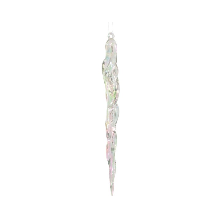 Suspension en verre irisé, longue et élégante, évoquant une goutte glacée.