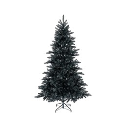 Arbre de Noël noir, élancé, avec branches fournies et support en métal.
