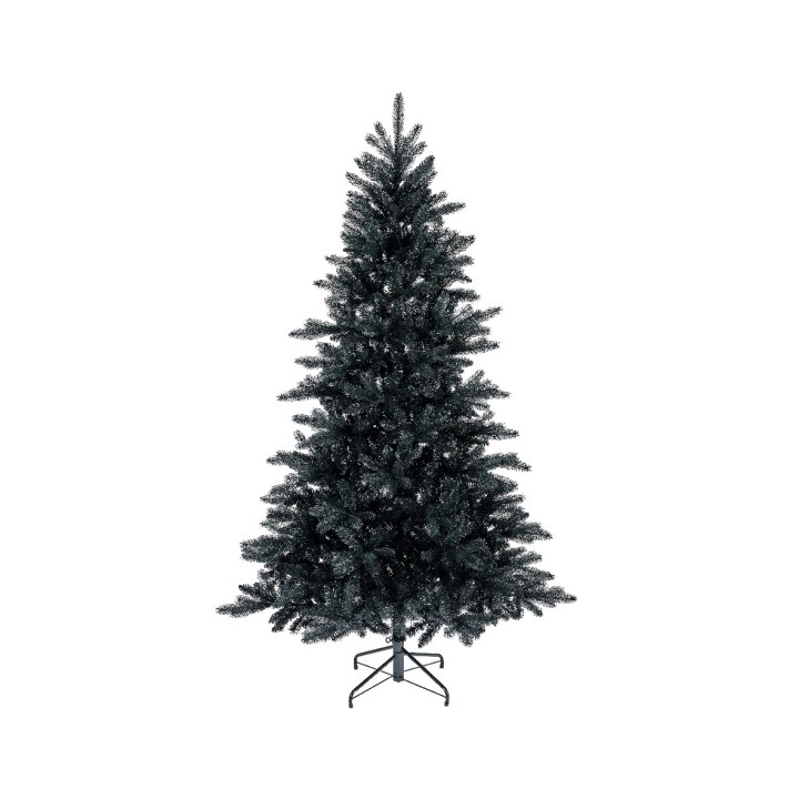 Arbre de Noël noir, élancé, avec branches fournies et support en métal.