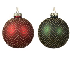 Boules de Noël rouge et verte, motifs zigzag dorés, brillantes et festives.