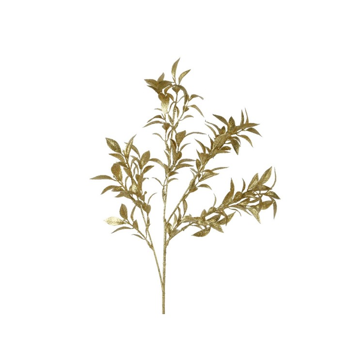 Branche délicate aux feuilles dorées, sur fond blanc, évoquant élégance et nature.
