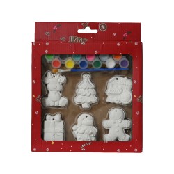 Set de figurines en plâtre à peindre, motifs festifs sur fond rouge joyeux.