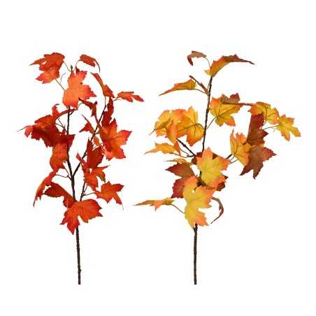 Branches ornées de feuilles aux teintes chaudes d'orange, rouge et jaune, évoquant l'automne.