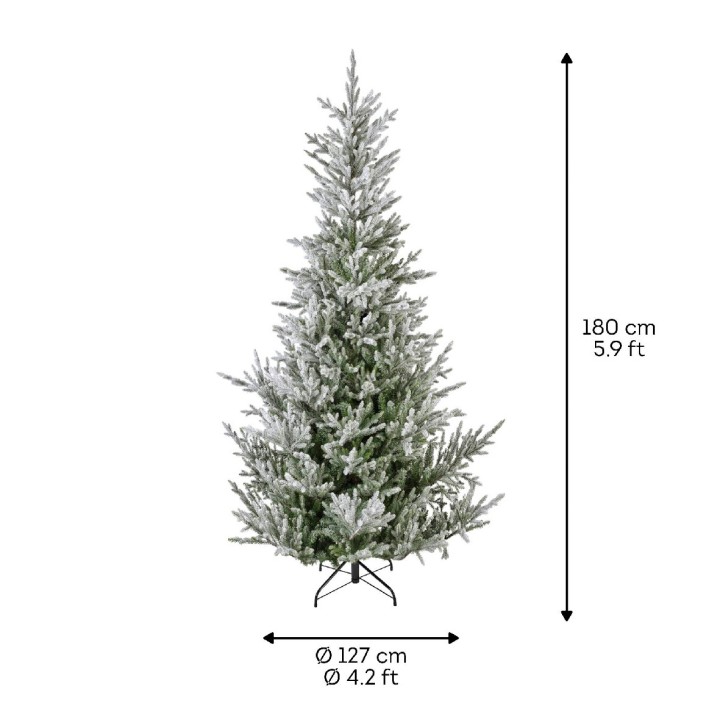 Sapin artificiel enneigé, vert avec une base noire, mesurant 180 cm de hauteur.
