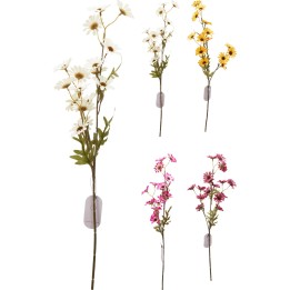 Arrangement de fleurs artificielles colorées, aux pétales délicats et tiges fines.