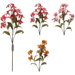 Quatre bouquets de fleurs aux teintes rouge, rose, et orange, avec des feuilles vertes.