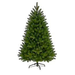 Sapin de Noël vert, dense et bien garni, reposant sur un support en métal noir.