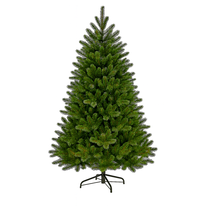 Sapin de Noël vert, dense et bien garni, reposant sur un support en métal noir.
