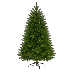Sapin de Noël artificiel vert, bien garni, illuminé par de petites lumières jaunes.