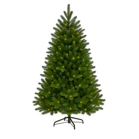Sapin de Noël artificiel vert, bien garni, illuminé par de petites lumières jaunes. Sapin de Noël artificiel vert, bien garni, illuminé par de petites lumières jaunes.