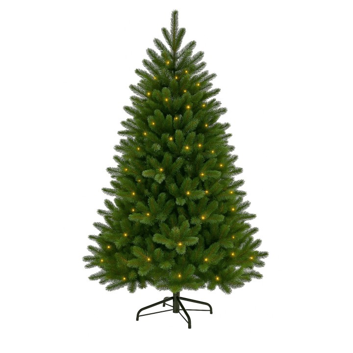 Sapin de Noël artificiel vert, bien garni, illuminé par de petites lumières jaunes.