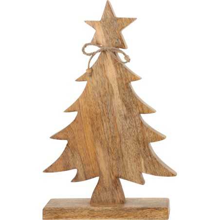 Arbre de Noël en bois naturel, silhouette stylisée avec étoile, corde décorative.