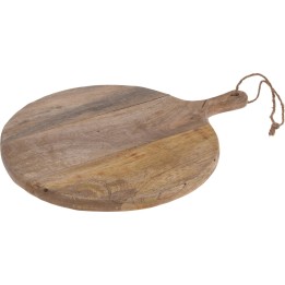 Planche ronde en bois aux teintes naturelles, avec une poignée et une cordelette.