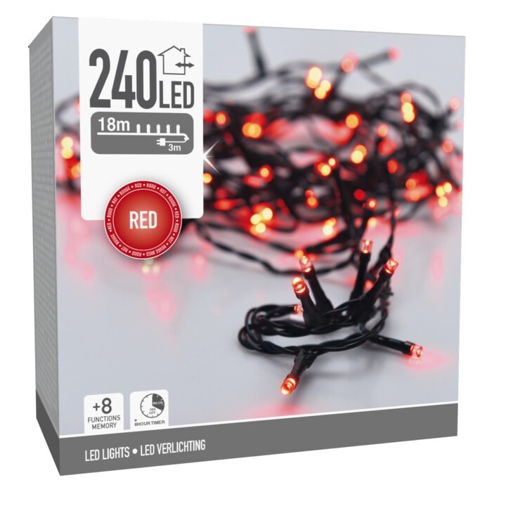 Guirlande lumineuse LED rouge sur fond noir, 240 lumières, 18 mètres, plusieurs fonctions.