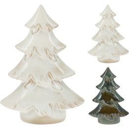 Trois sapins en verre, aux teintes blanches et vertes, aux formes élégantes et lisses.