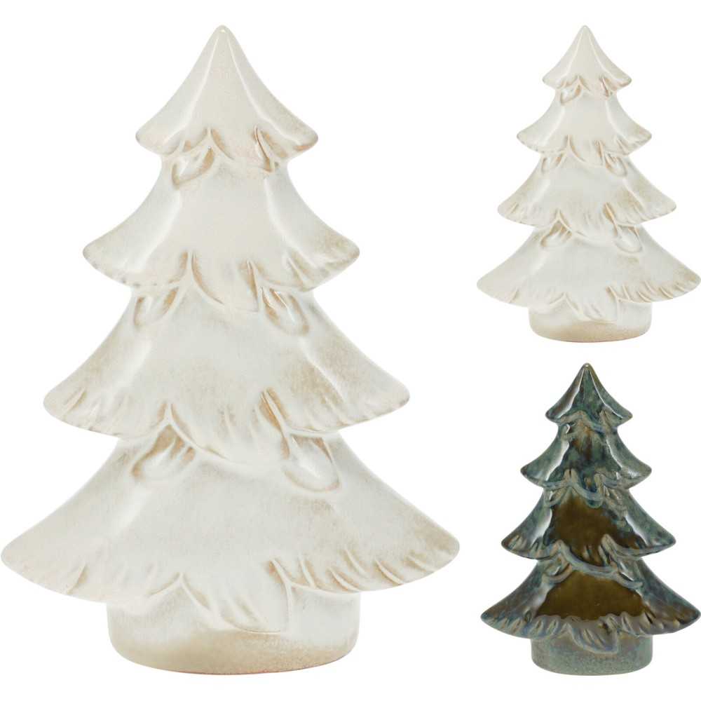 Trois sapins en verre, aux teintes blanches et vertes, aux formes élégantes et lisses.