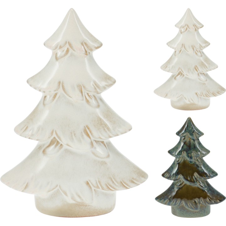 Trois sapins en verre, aux teintes blanches et vertes, aux formes élégantes et lisses.
