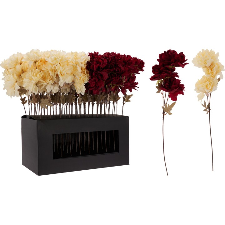 Arrangement de fleurs artificielles dans une boîte noire, teintes crème et bordeaux.