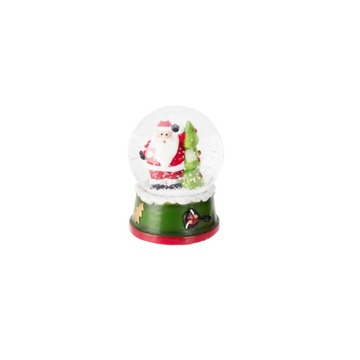 Boule à neige avec un Père Noël en rouge, sapin vert, et flocons blancs dans un socle coloré.