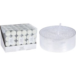 Bougies blanches en forme de disque, accompagnées d'une grande bougie décorée de paillettes.
