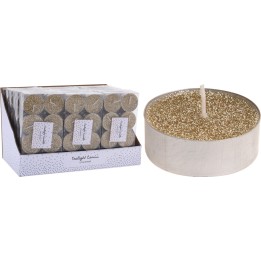 Bougies dorées scintillantes, élégantes, présentées en boîte raffinée.
